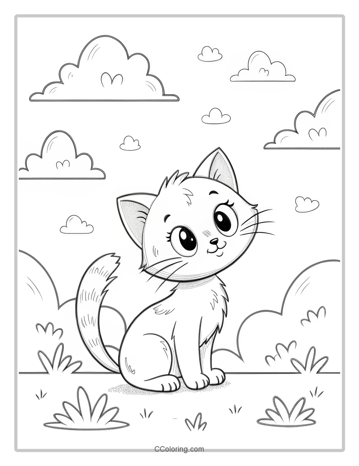 Kitten Coloring Pages with Cloud Backgrounds