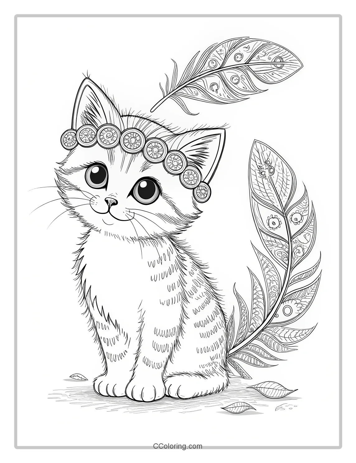 Kitten Coloring Pages with Feather Accents