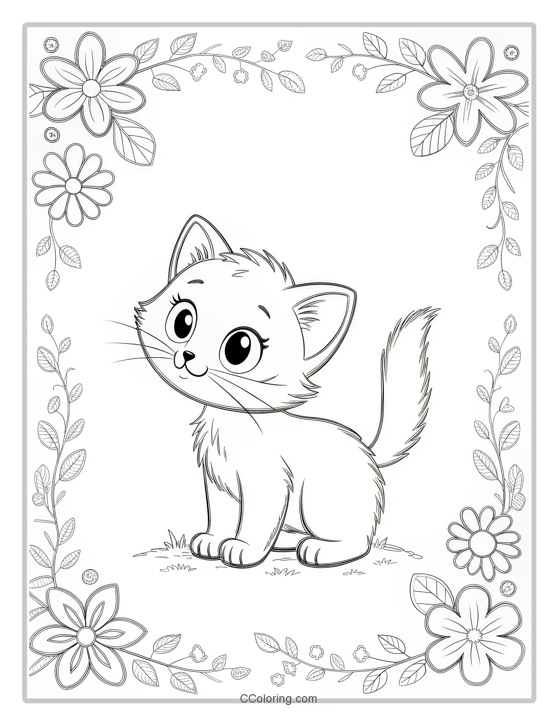 Kitten Coloring Pages with Floral Borders