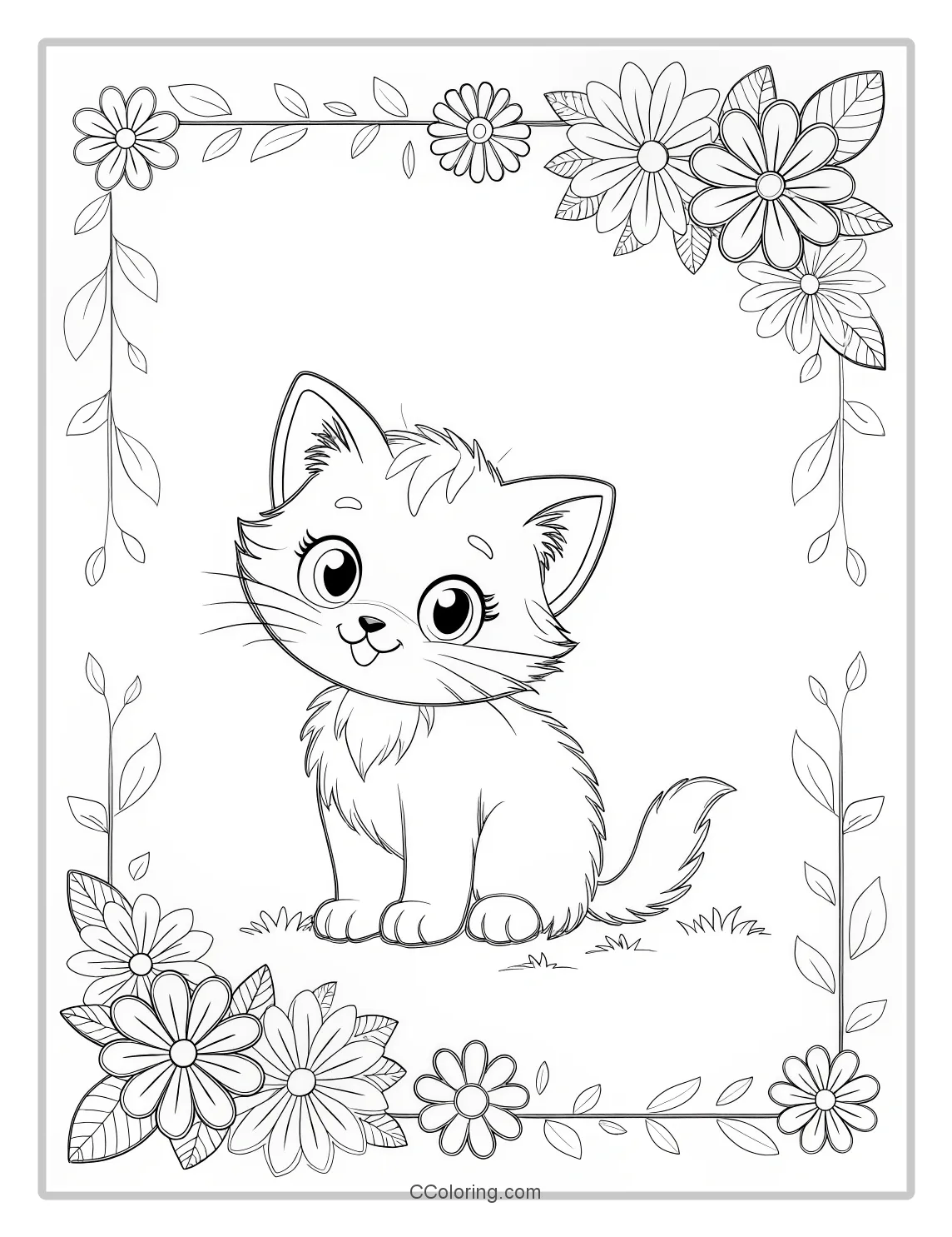Kitten Coloring Pages with Floral