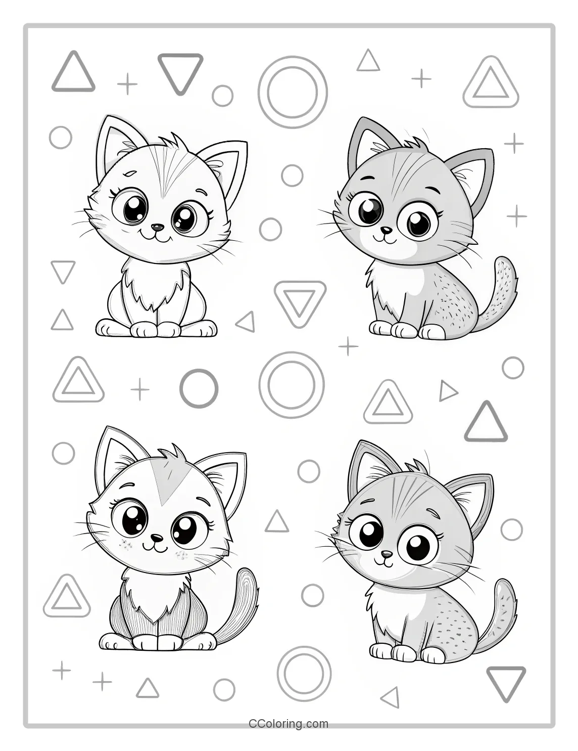 Kitten Coloring Pages with Geometric Backgrounds