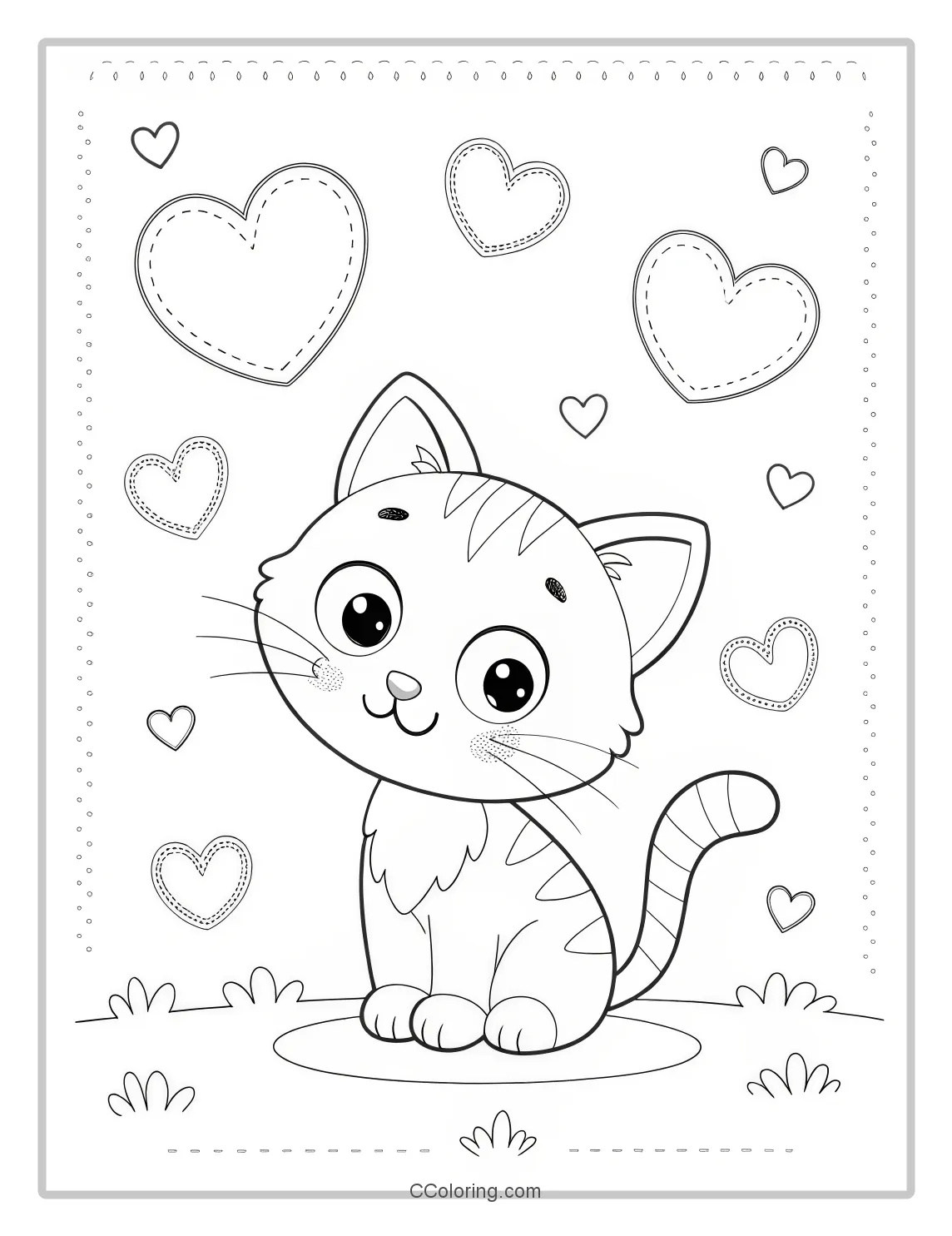 Kitten Coloring Pages with Heart Designs
