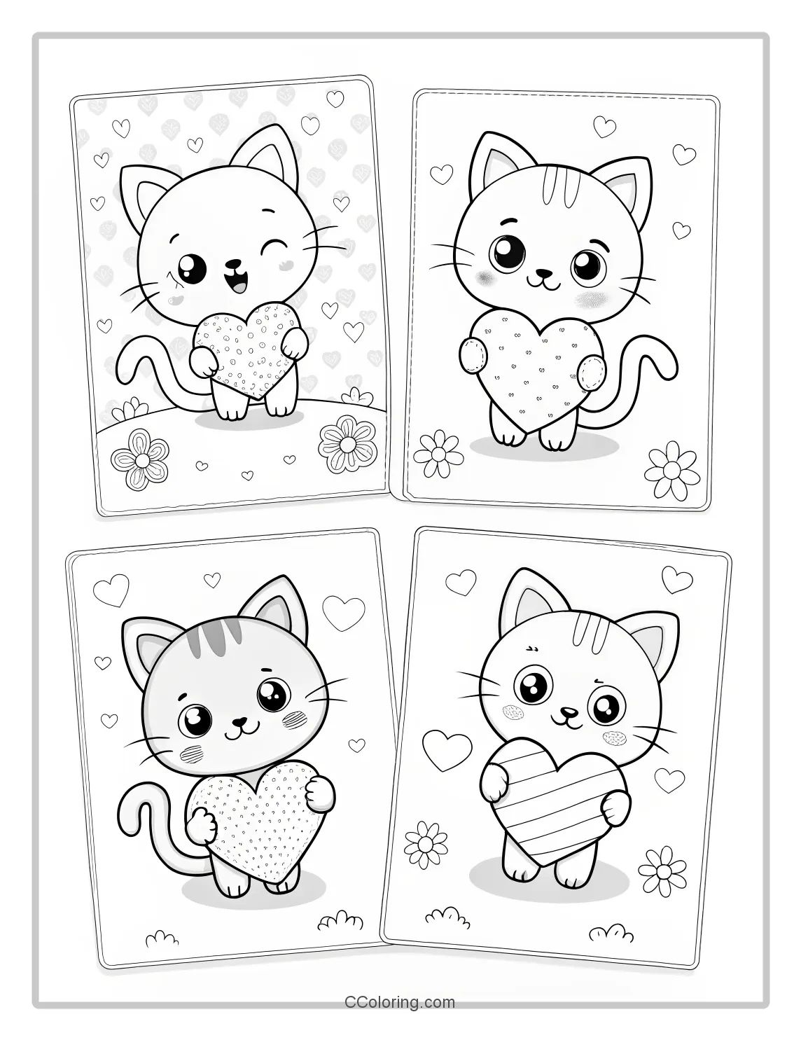 Kitten Coloring Pages with Heart Group