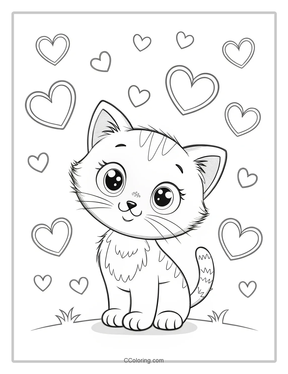 Kitten Coloring Pages with Heart Shape