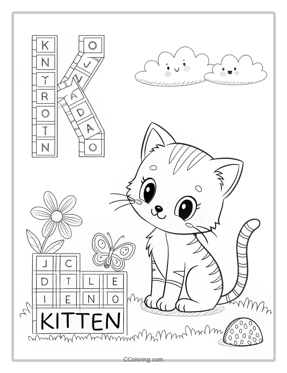 Kitten Coloring Pages with Letter Art KiTTEN