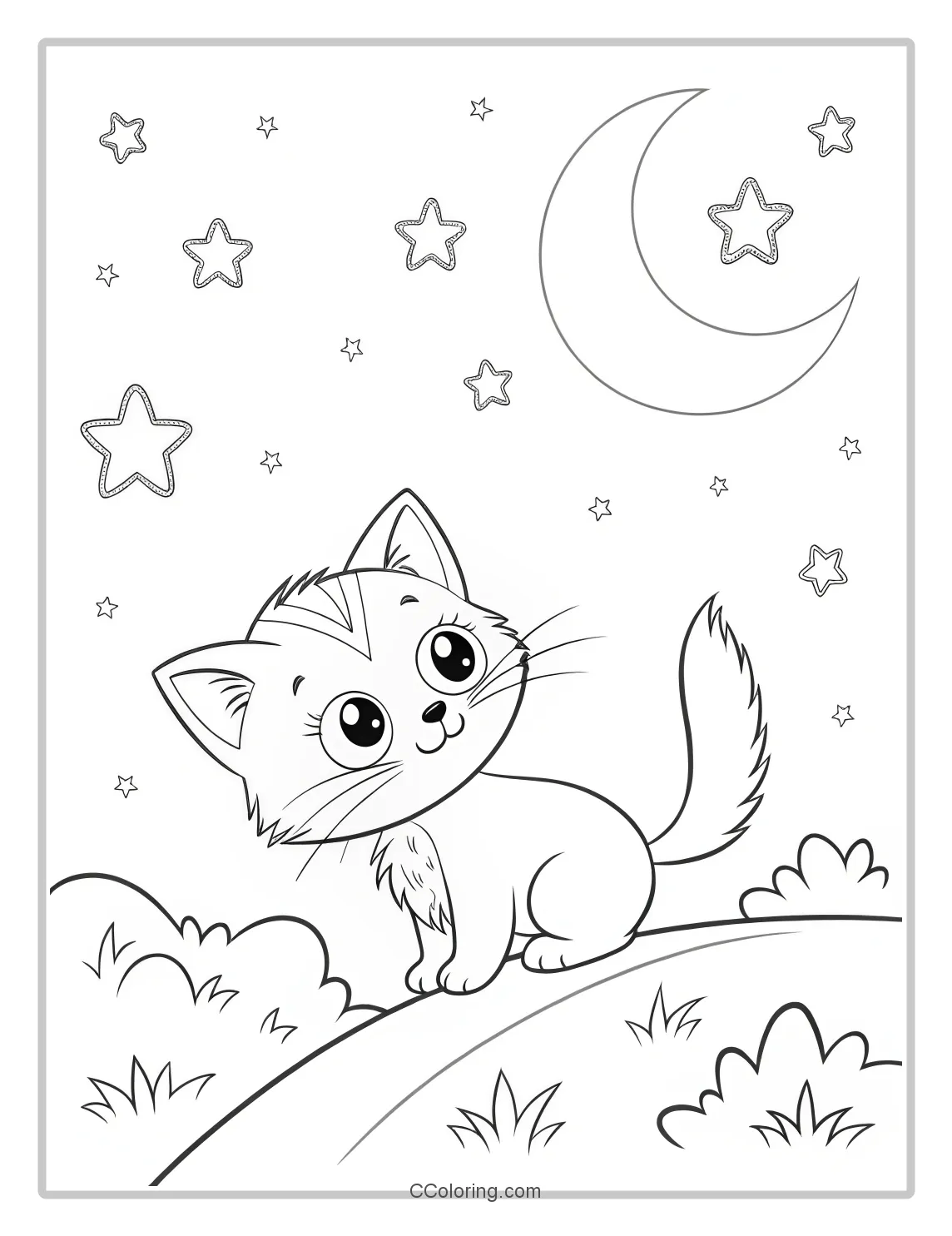 Kitten Coloring Pages with Moon and Stars