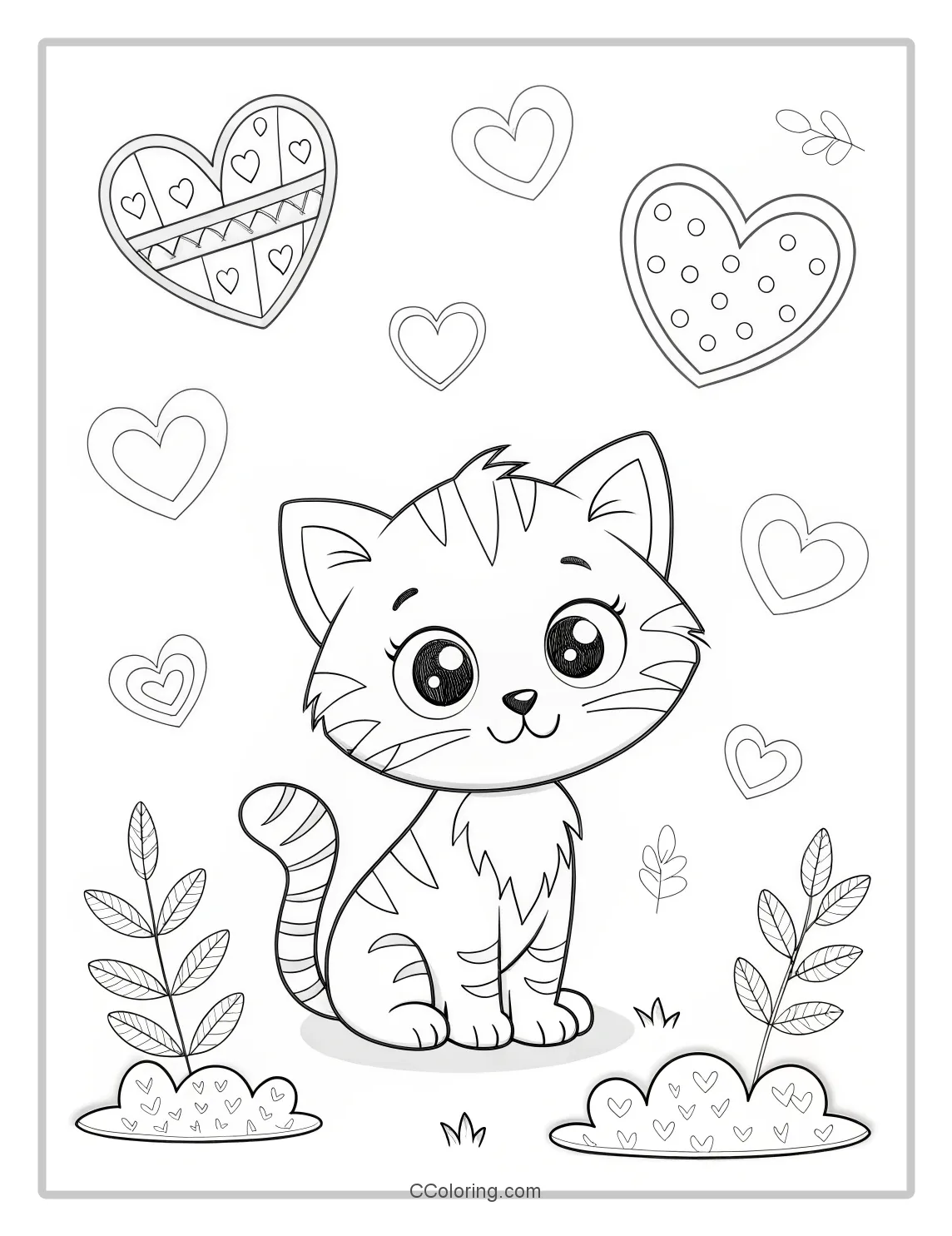 Kitten Coloring Pages with Simple Heart Designs