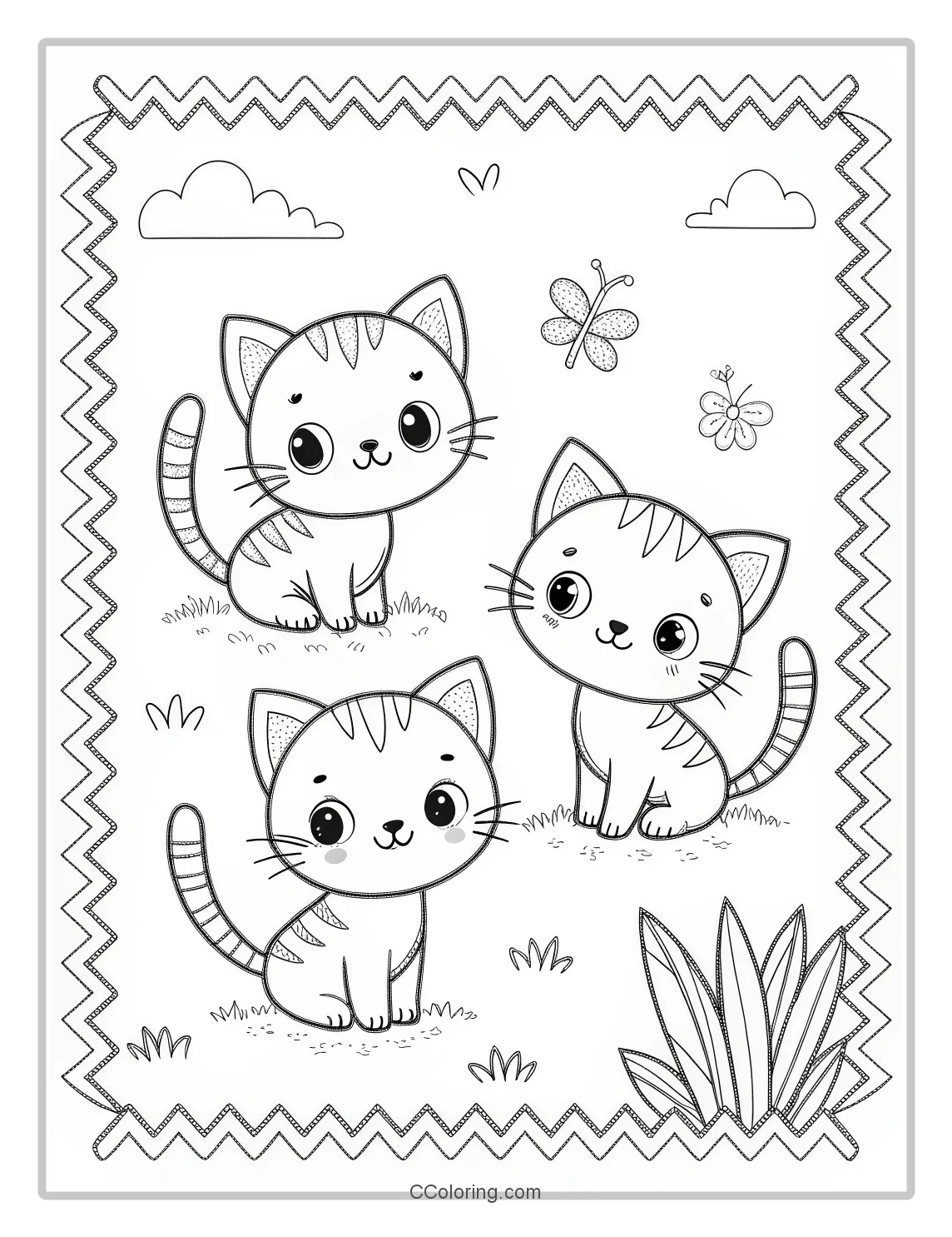 Kitten Coloring Pages with Simple Zigzag Borders