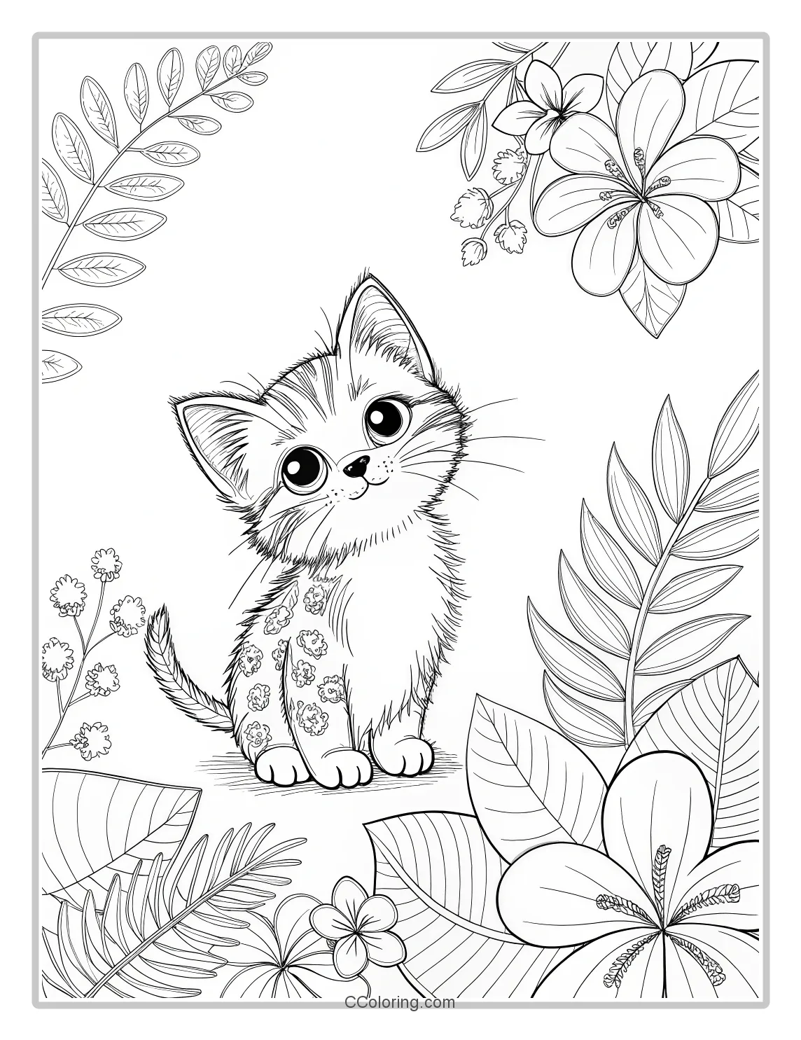 Kitten Coloring Pages with Tropical Floral Prints
