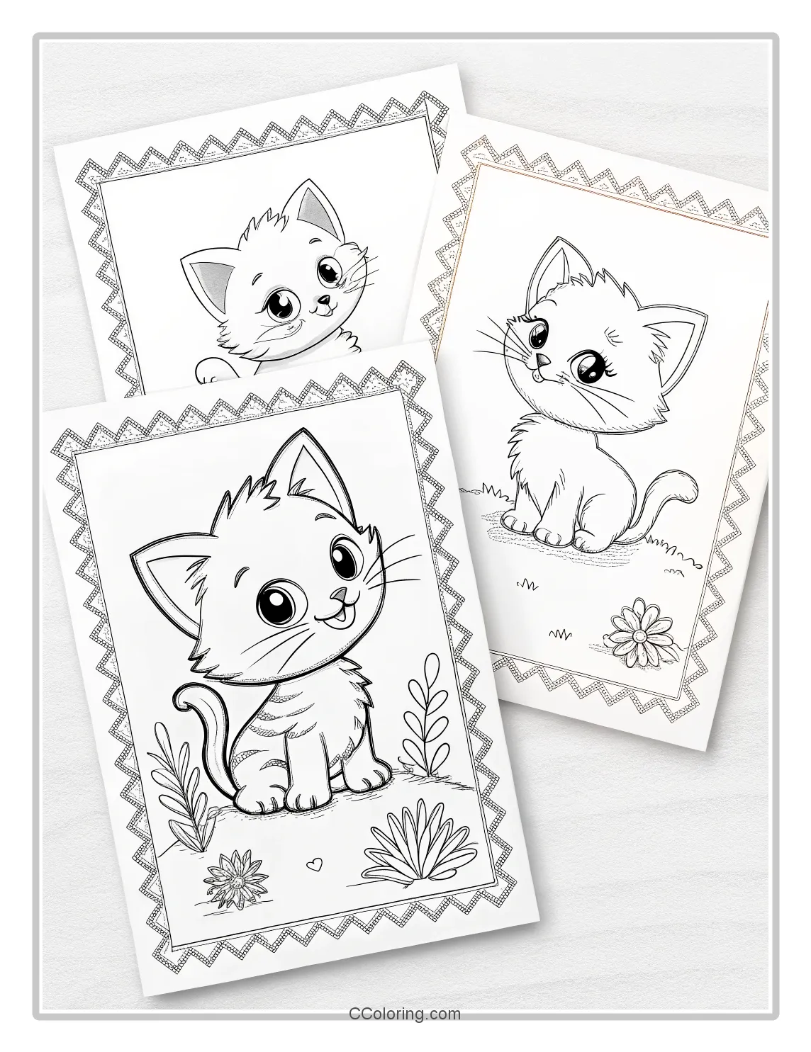 Kitten Coloring Pages with Zigzag Borders