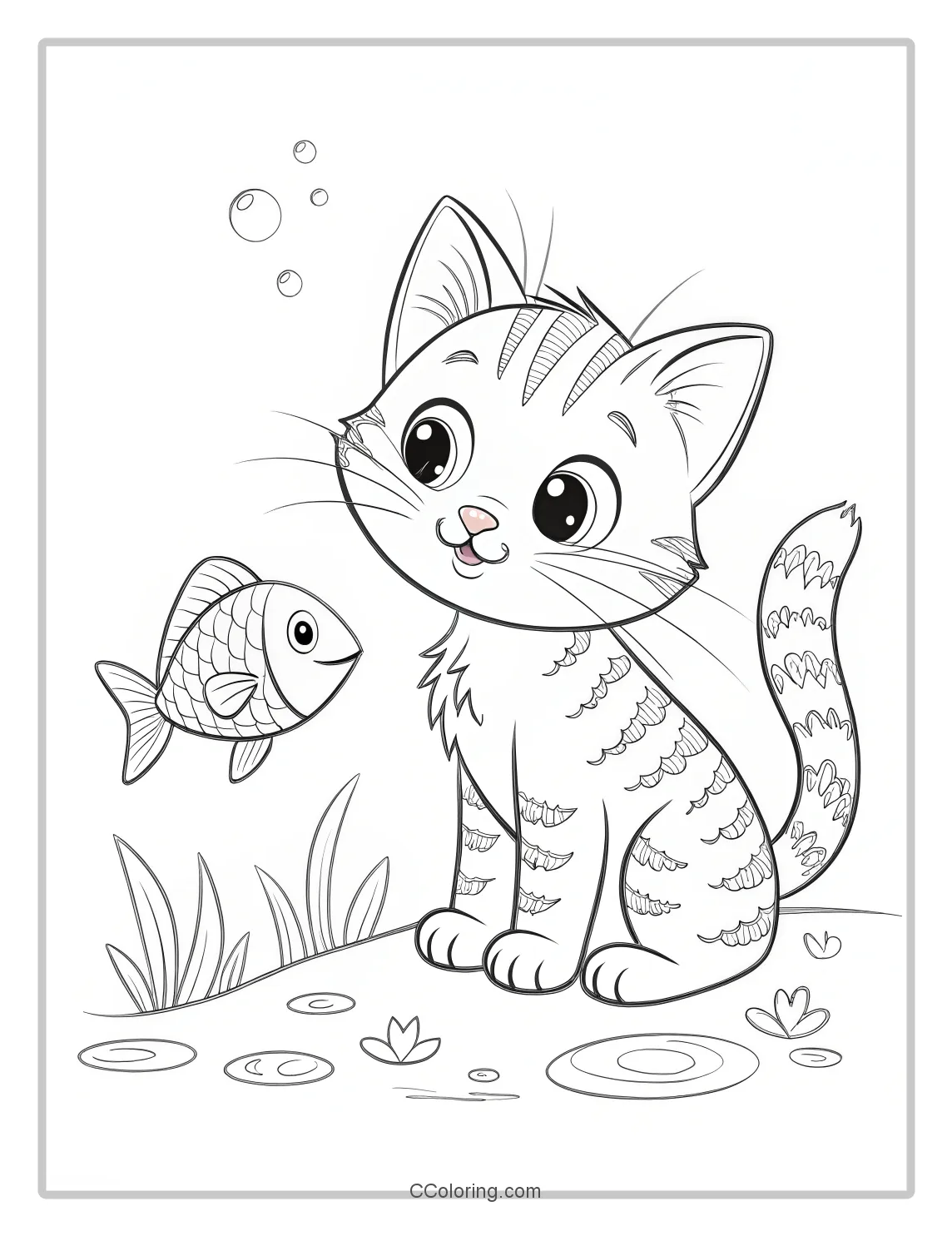 Kitten Coloring Pages with fish 2