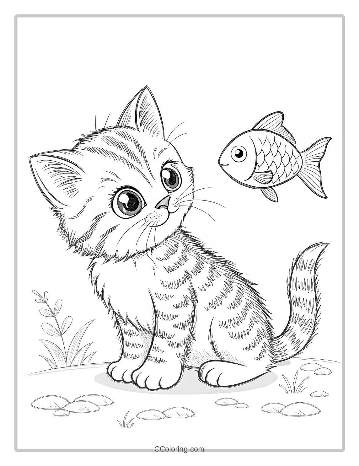 Kitten Coloring Pages with fish