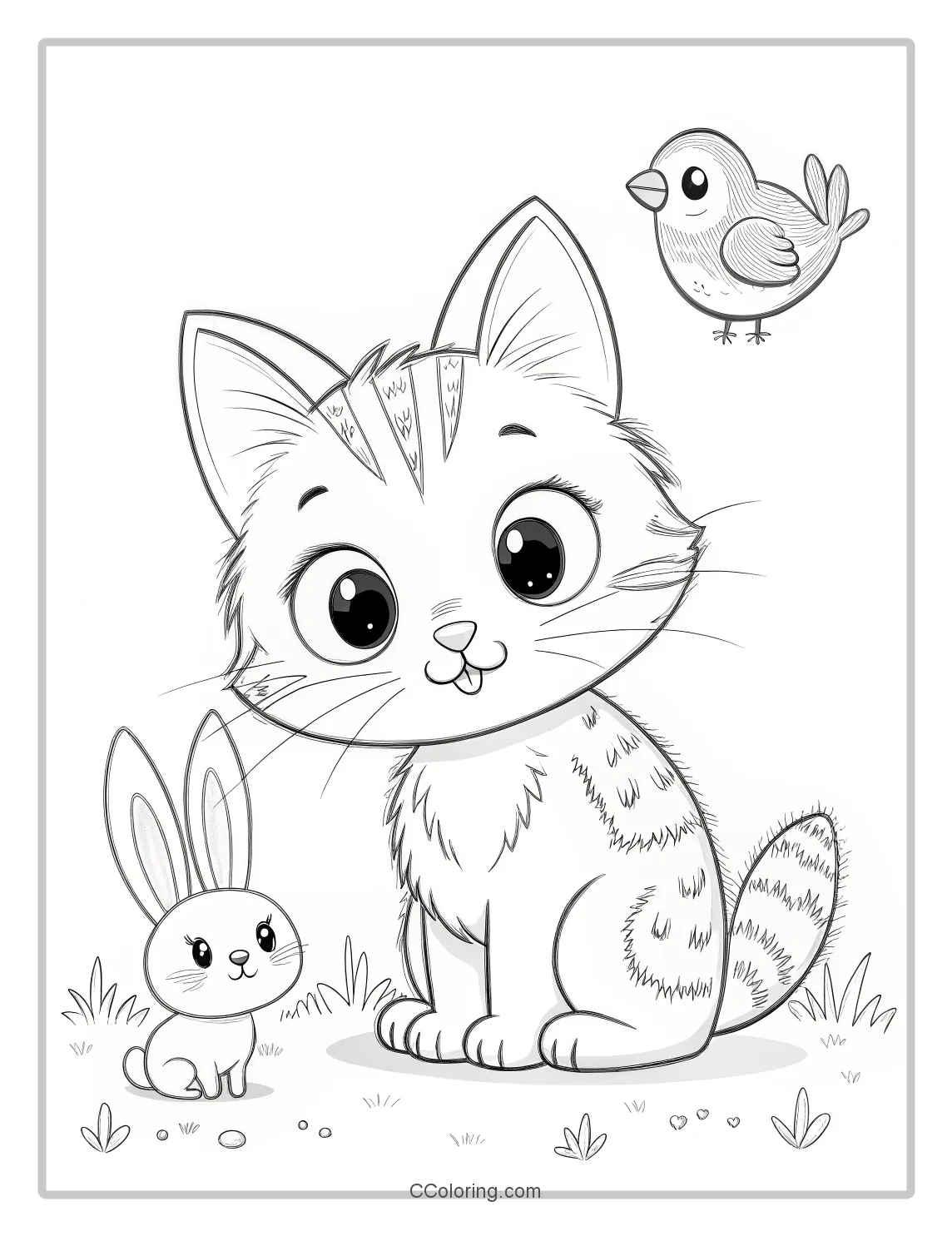 Kitten coloring page with bird