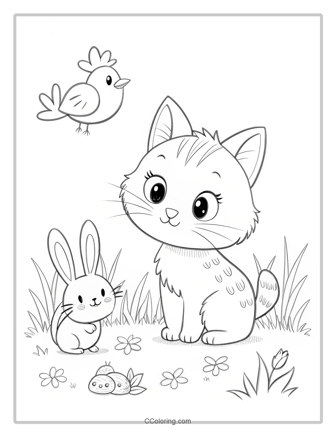 Kitten coloring page with rabbit