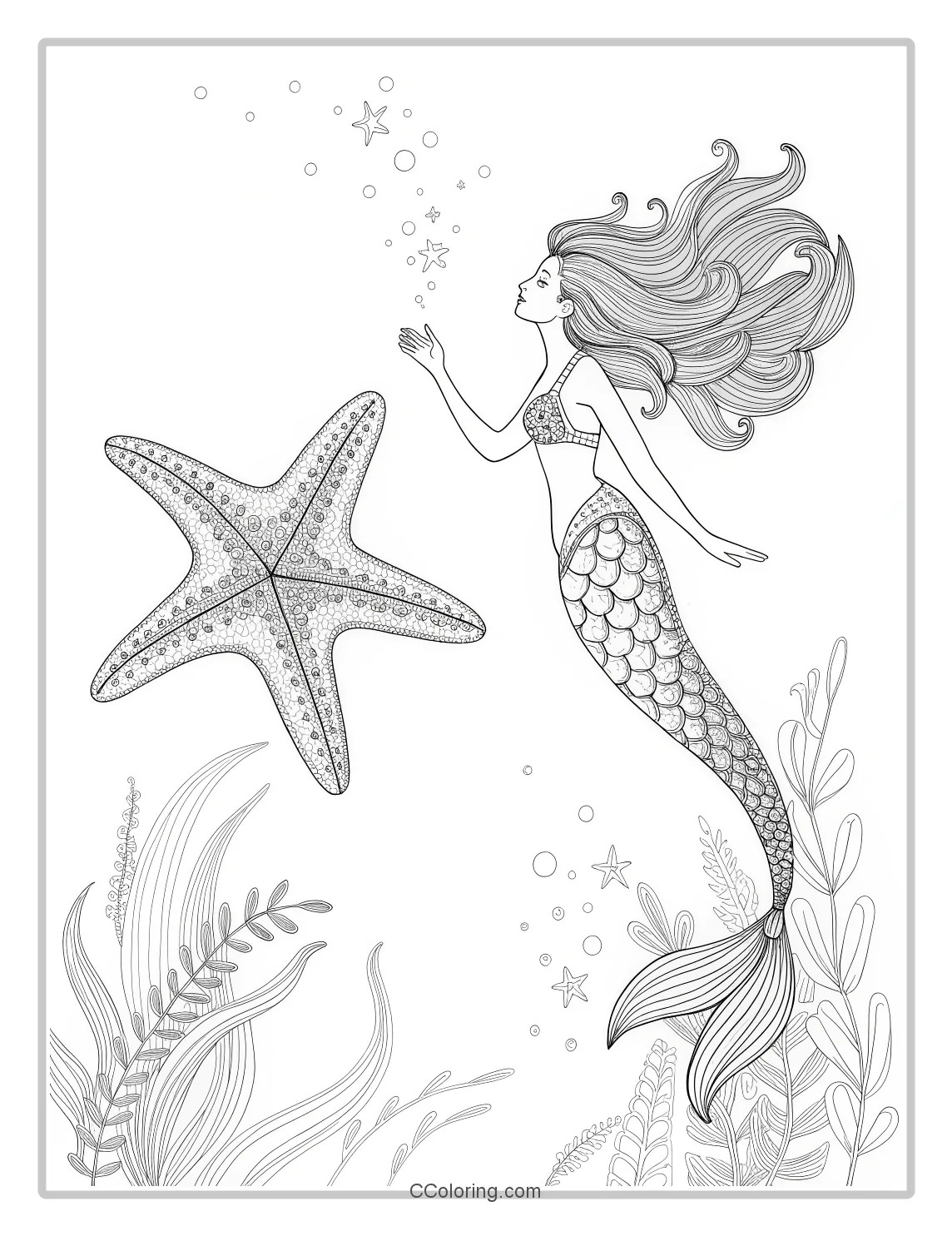 Mermaid Coloring Pages and Elegant Starfish