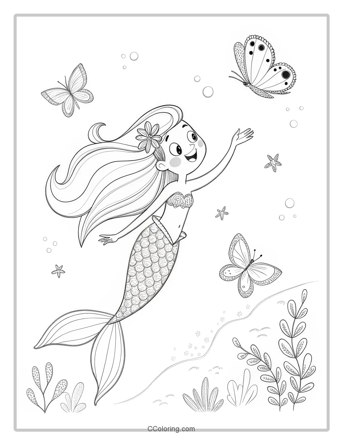 Mermaid Coloring Pages in Monochrome with Basic Butterfly Friends