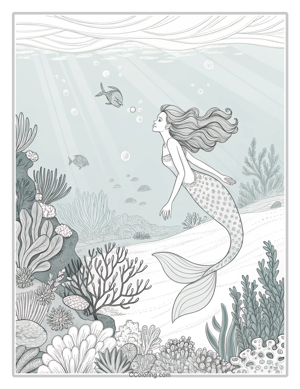 Mermaid Coloring Pages in Monochrome with Basic Coral Gardens