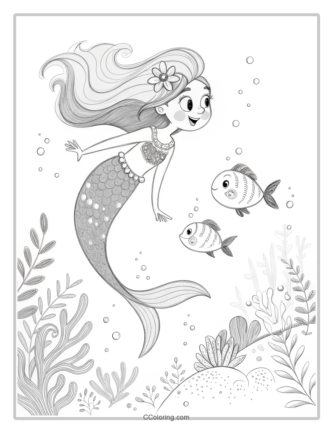 Mermaid Coloring Pages in Monochrome with Basic Fish Friends