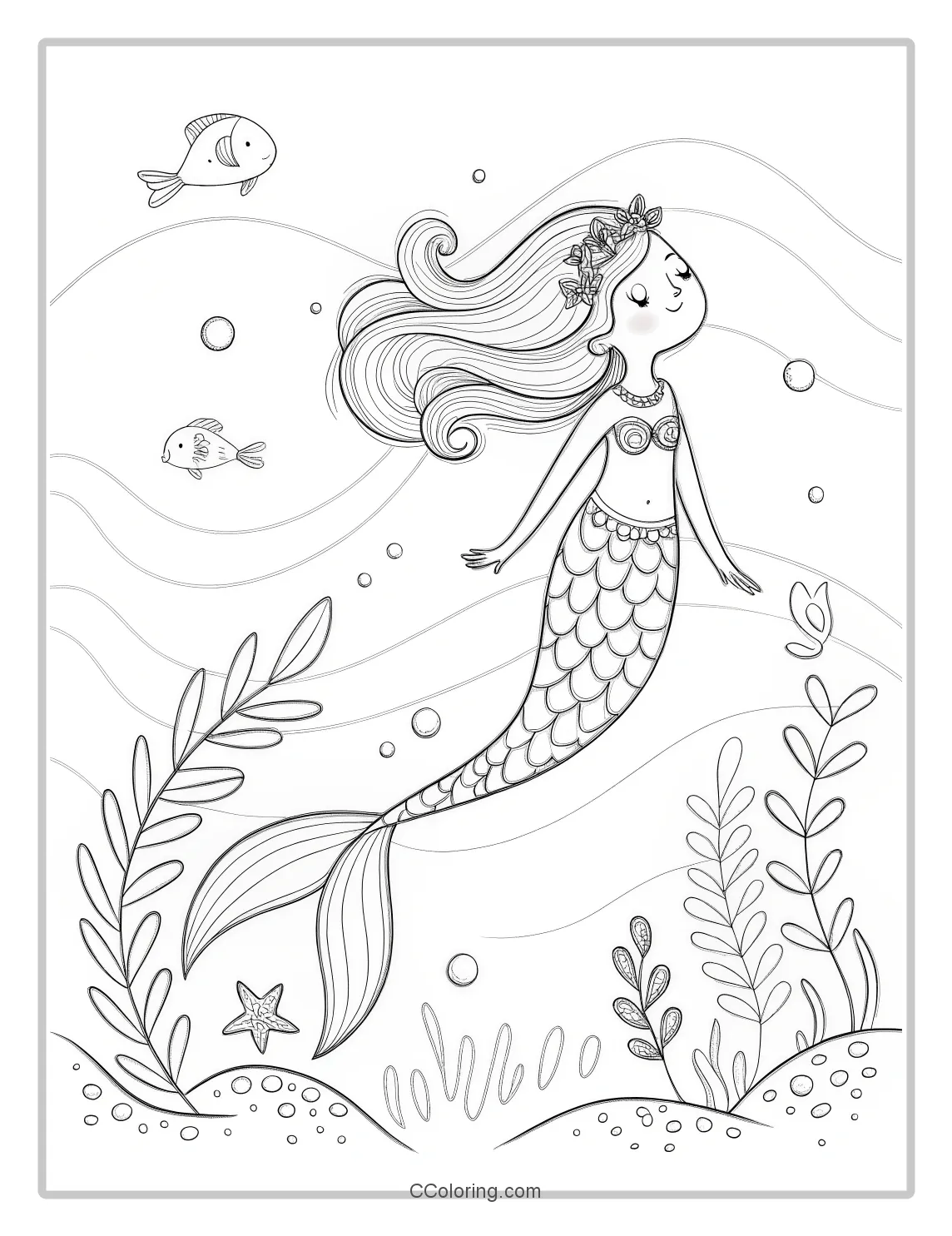 Mermaid Coloring Pages in Monochrome with Basic Ocean Waves