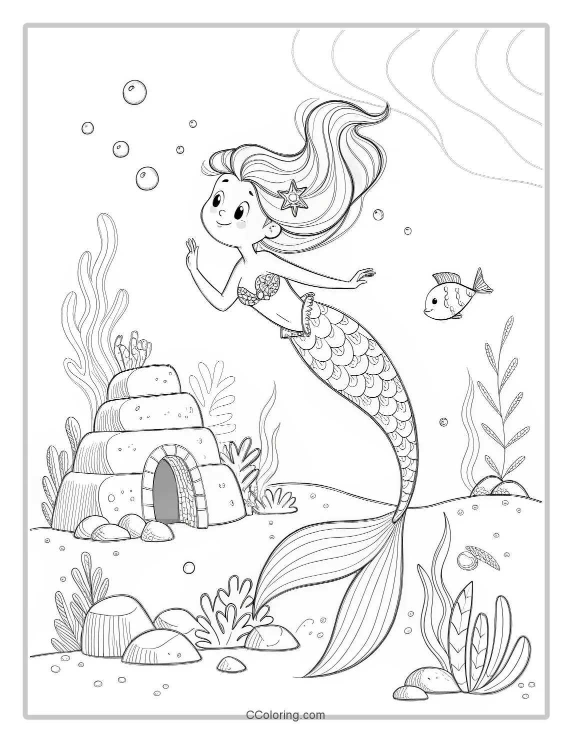 Mermaid Coloring Pages in Monochrome with Basic Rock Formations