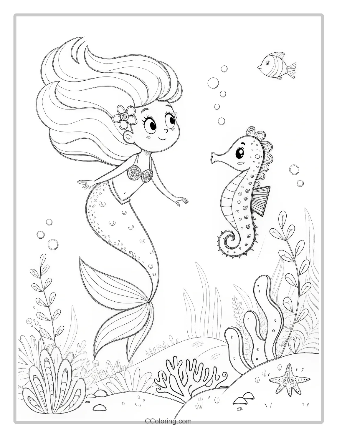 Mermaid Coloring Pages in Monochrome with Basic Seahorses