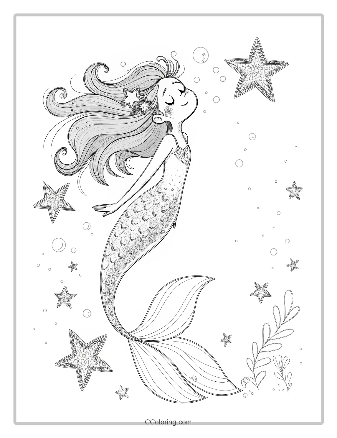 Mermaid Coloring Pages in Monochrome with Basic Sparkling Stars