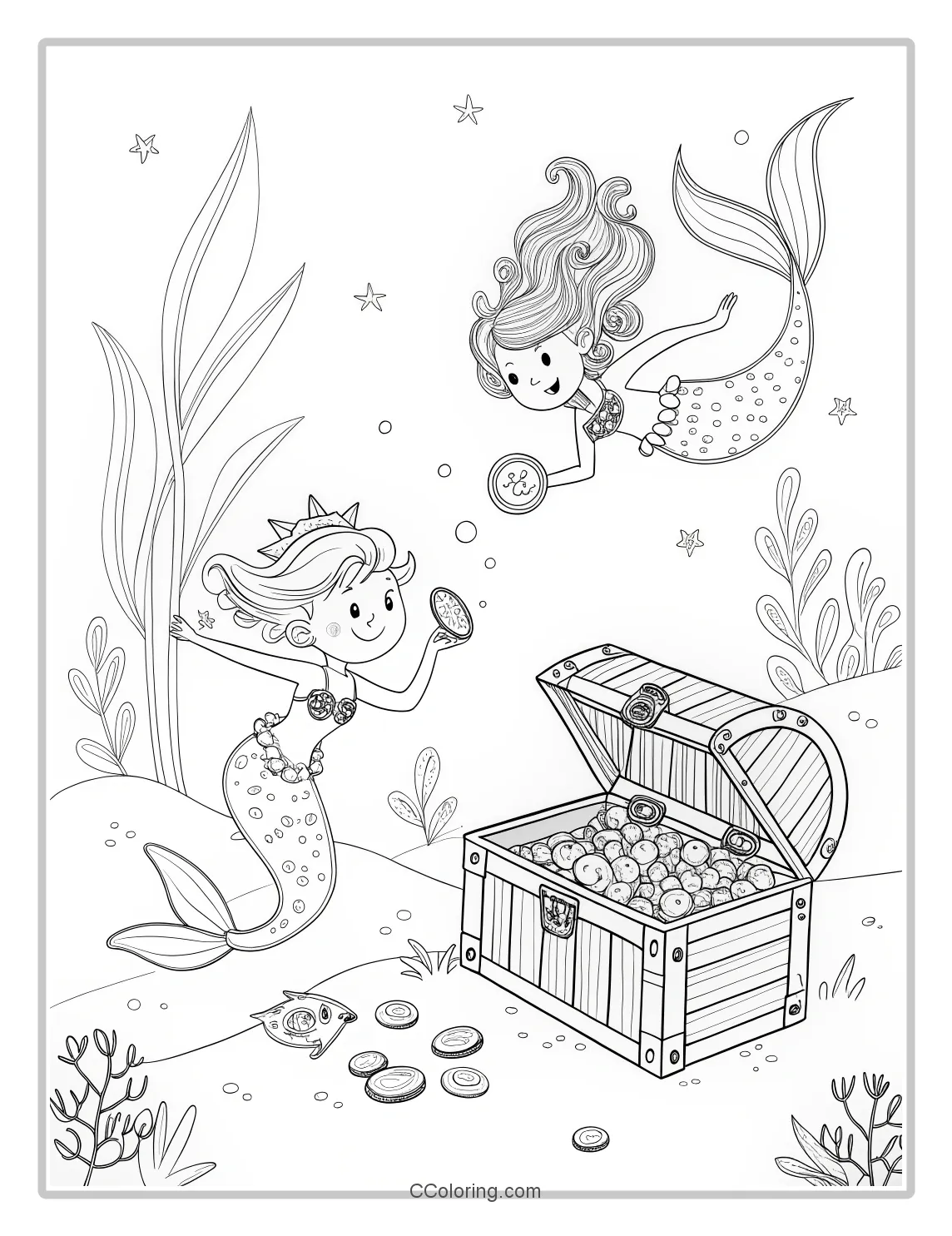 Mermaid Coloring Pages in Monochrome with Basic Treasure Chests