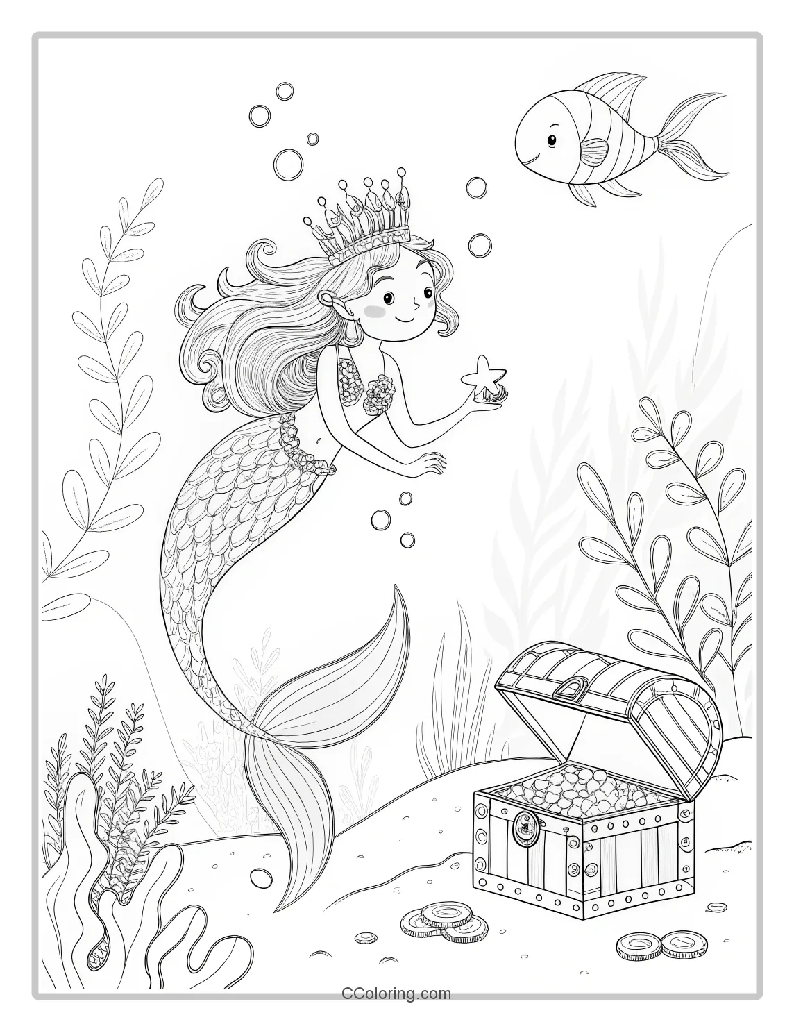 Mermaid Coloring Pages in Monochrome with Basic Treasure Coins