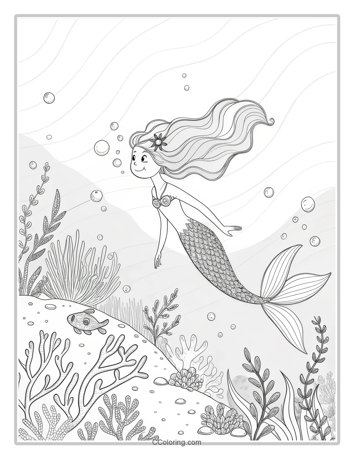 Mermaid Coloring Pages in Monochrome with Coral Gardens