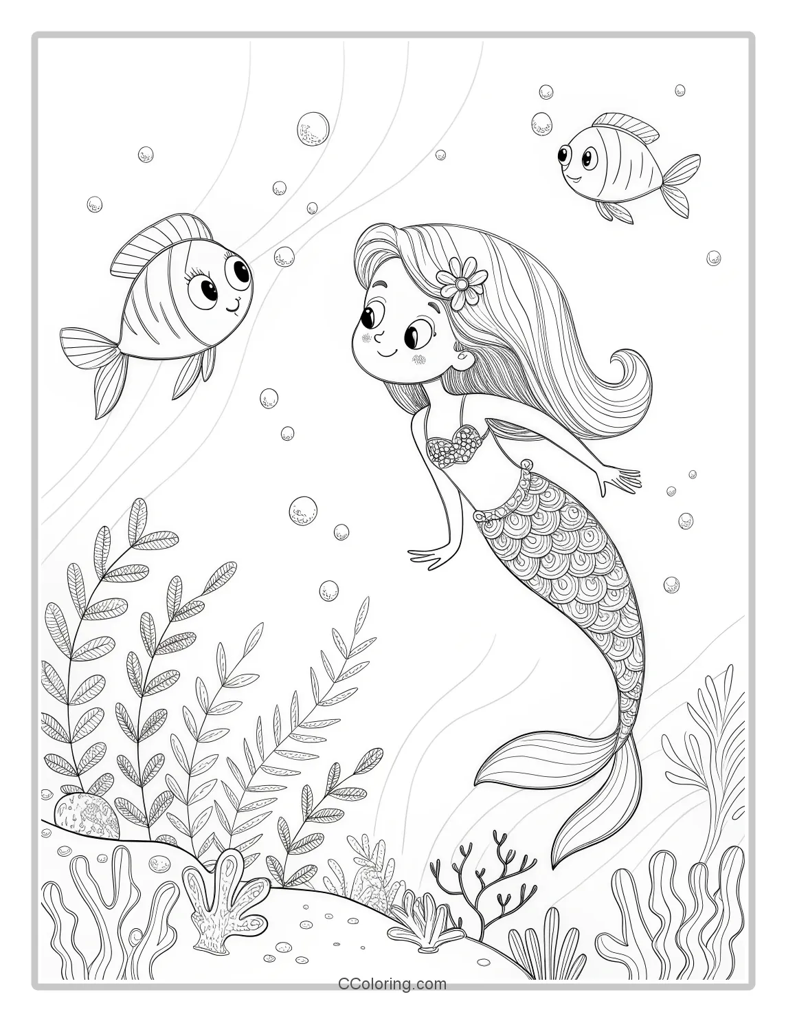 Mermaid Coloring Pages in Monochrome with Fish Friends