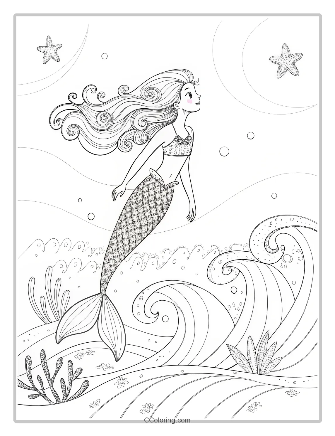 Mermaid Coloring Pages in Monochrome with Ocean Waves
