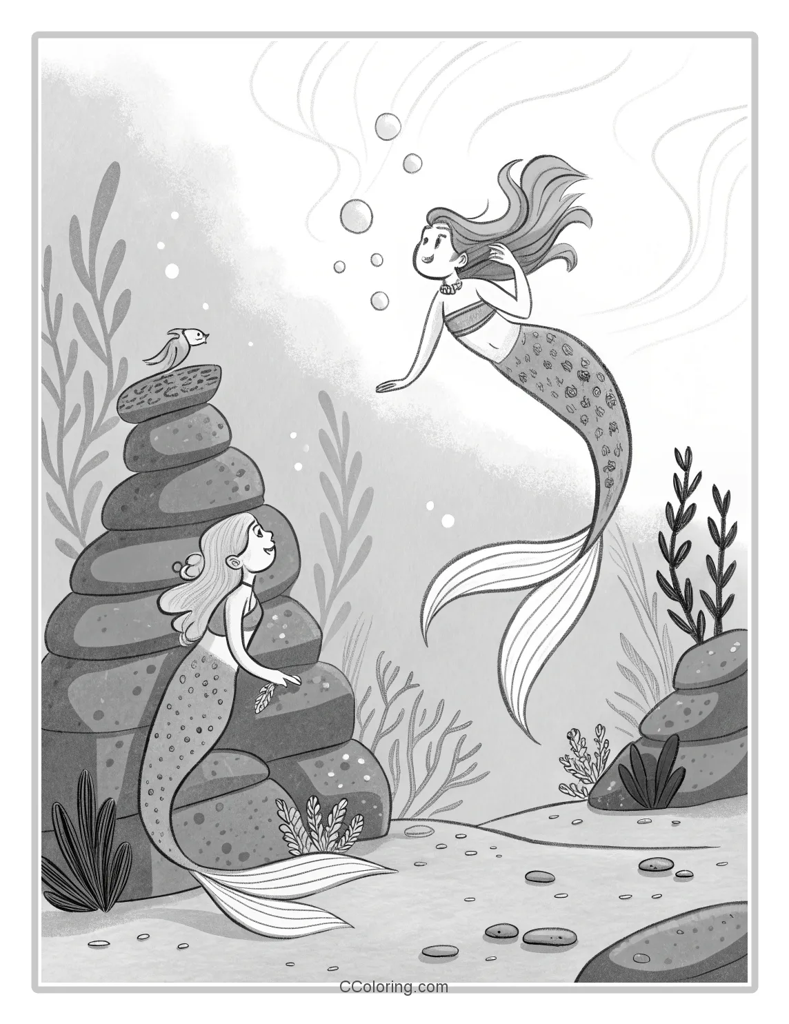 Mermaid Coloring Pages in Monochrome with Rock Formations