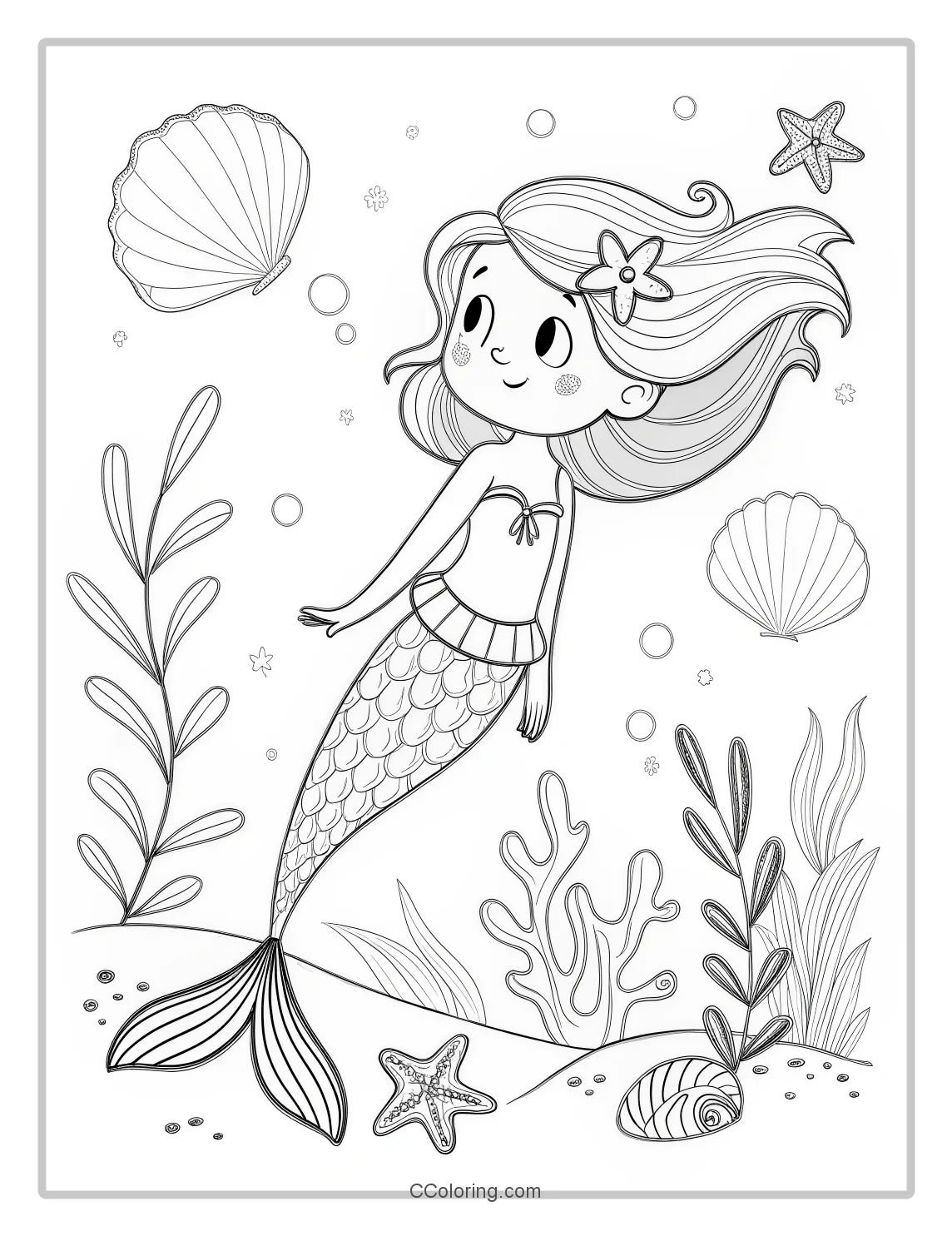 Mermaid Coloring Pages in Monochrome with Seashells