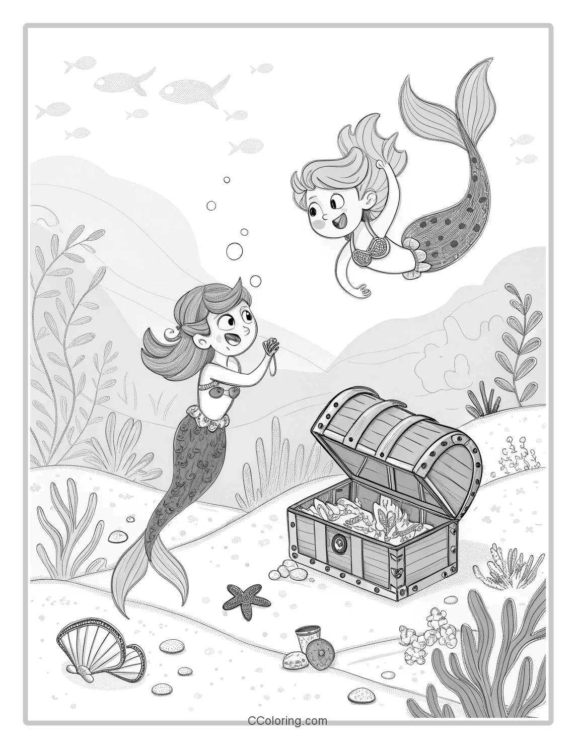 Mermaid Coloring Pages in Monochrome with Treasure Chests