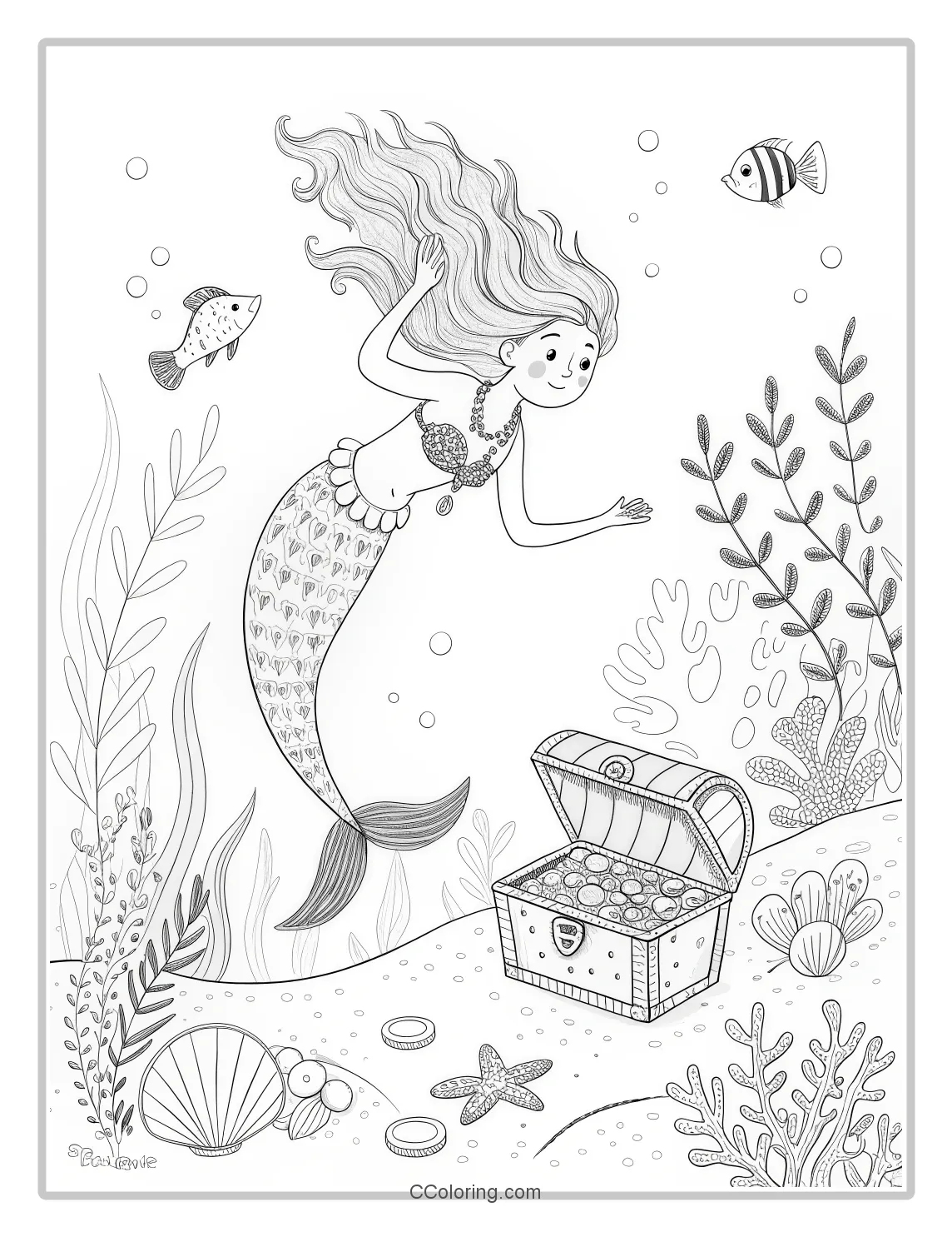 Mermaid Coloring Pages in Monochrome with Treasure Coins