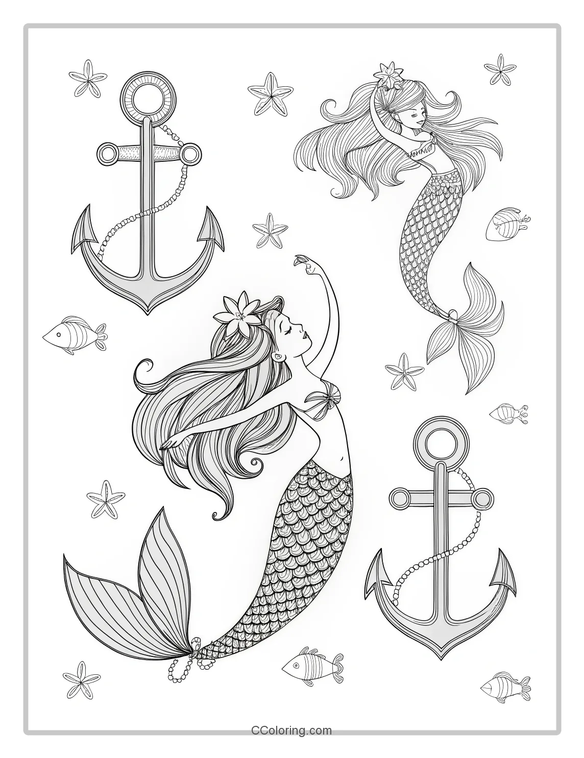 Mermaid Coloring Pages with Anchor Designs
