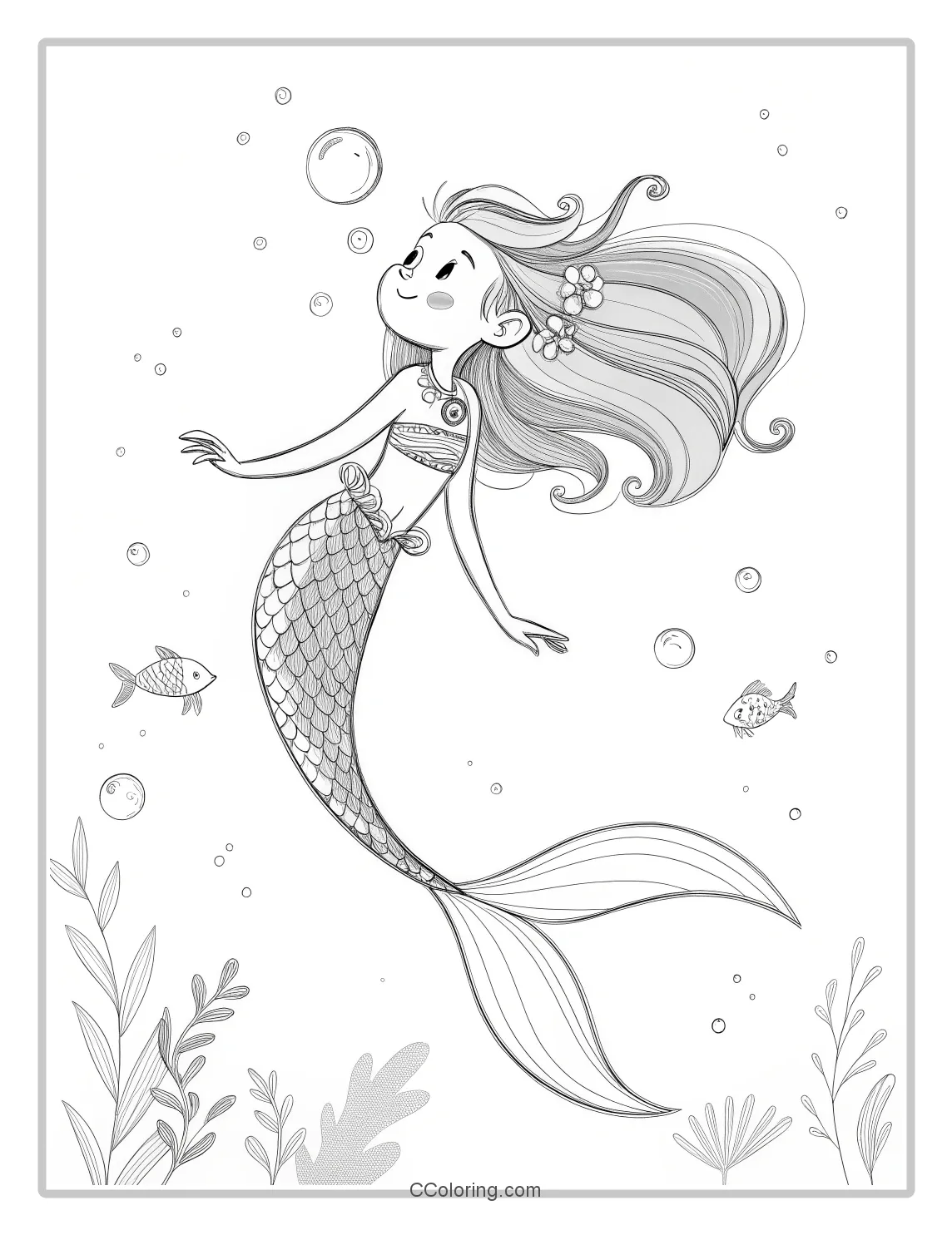 Mermaid Coloring Pages with Bubble Trails