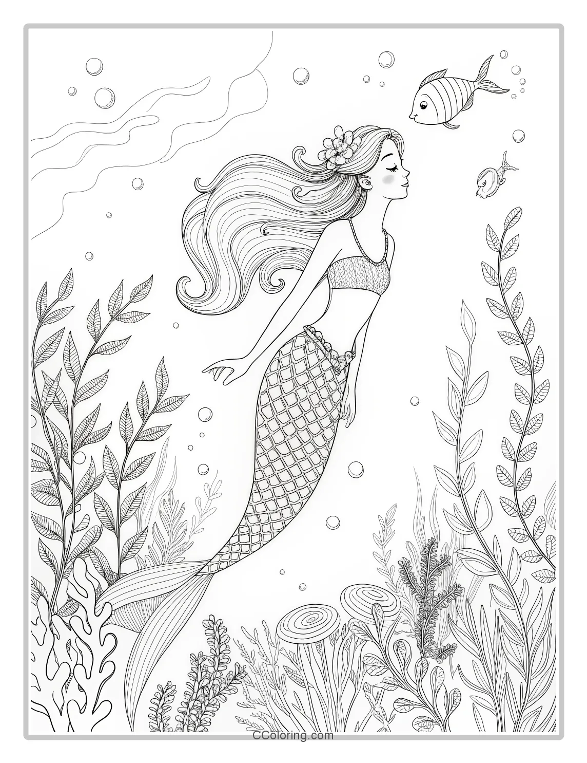 Mermaid Coloring Pages with Classic Seaweed