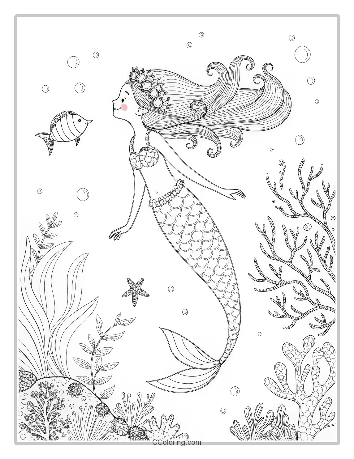 Mermaid Coloring Pages with Coral Designs