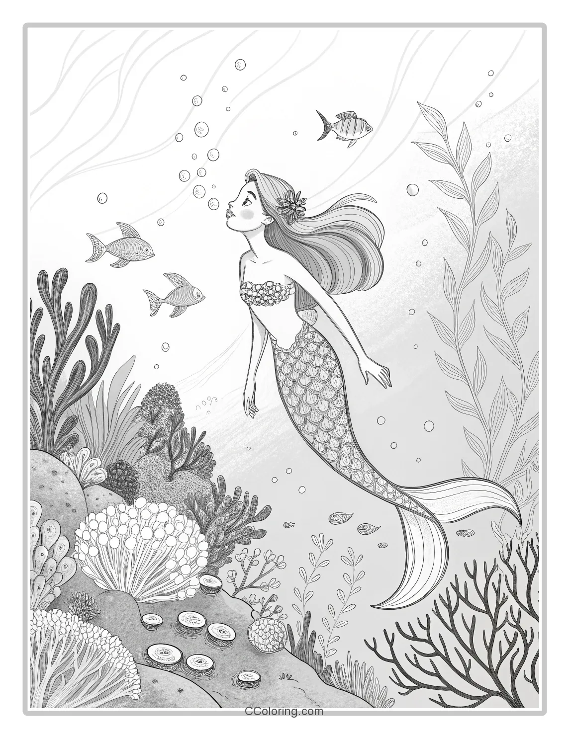 Mermaid Coloring Pages with Coral Reefs