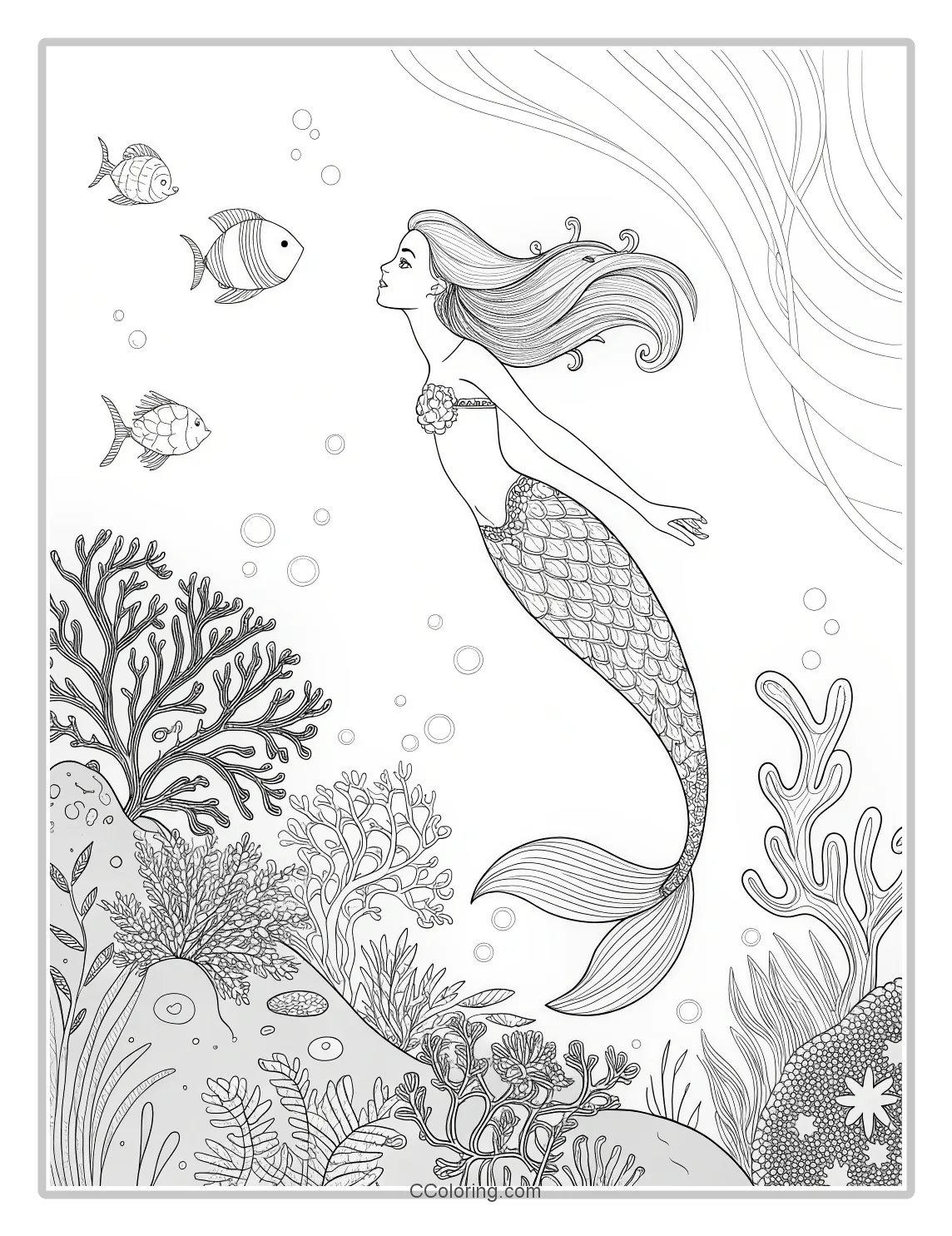 Mermaid Coloring Pages with Elegant Coral Reefs