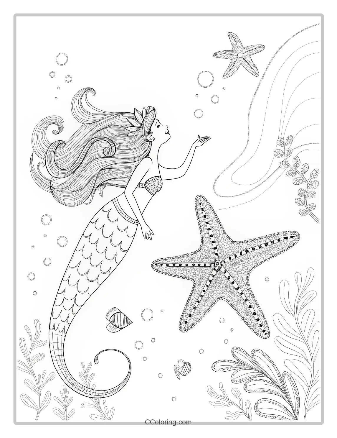 Mermaid Coloring Pages with Elegant Starfish