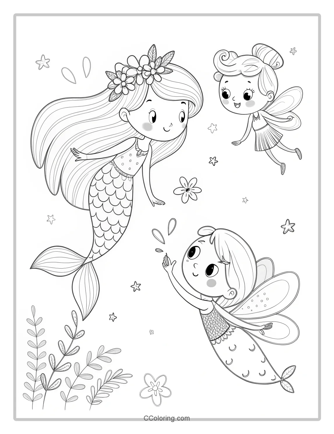 Mermaid Coloring Pages with Fairy Friends