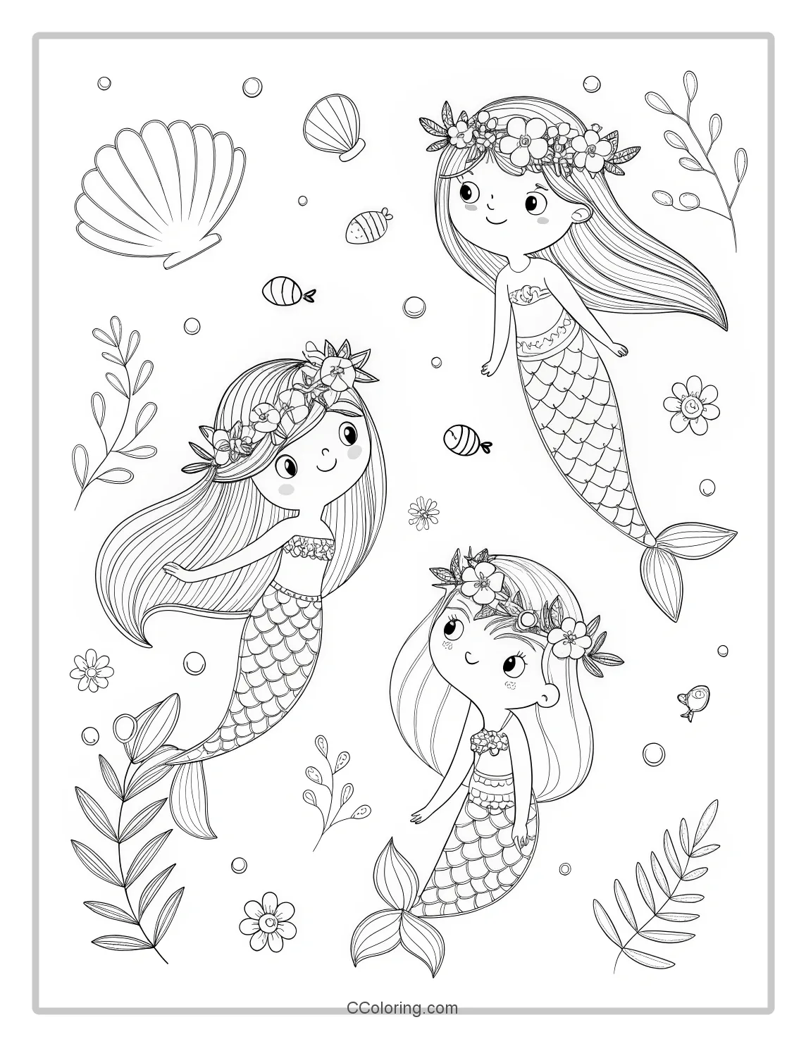 Mermaid Coloring Pages with Flower Crowns