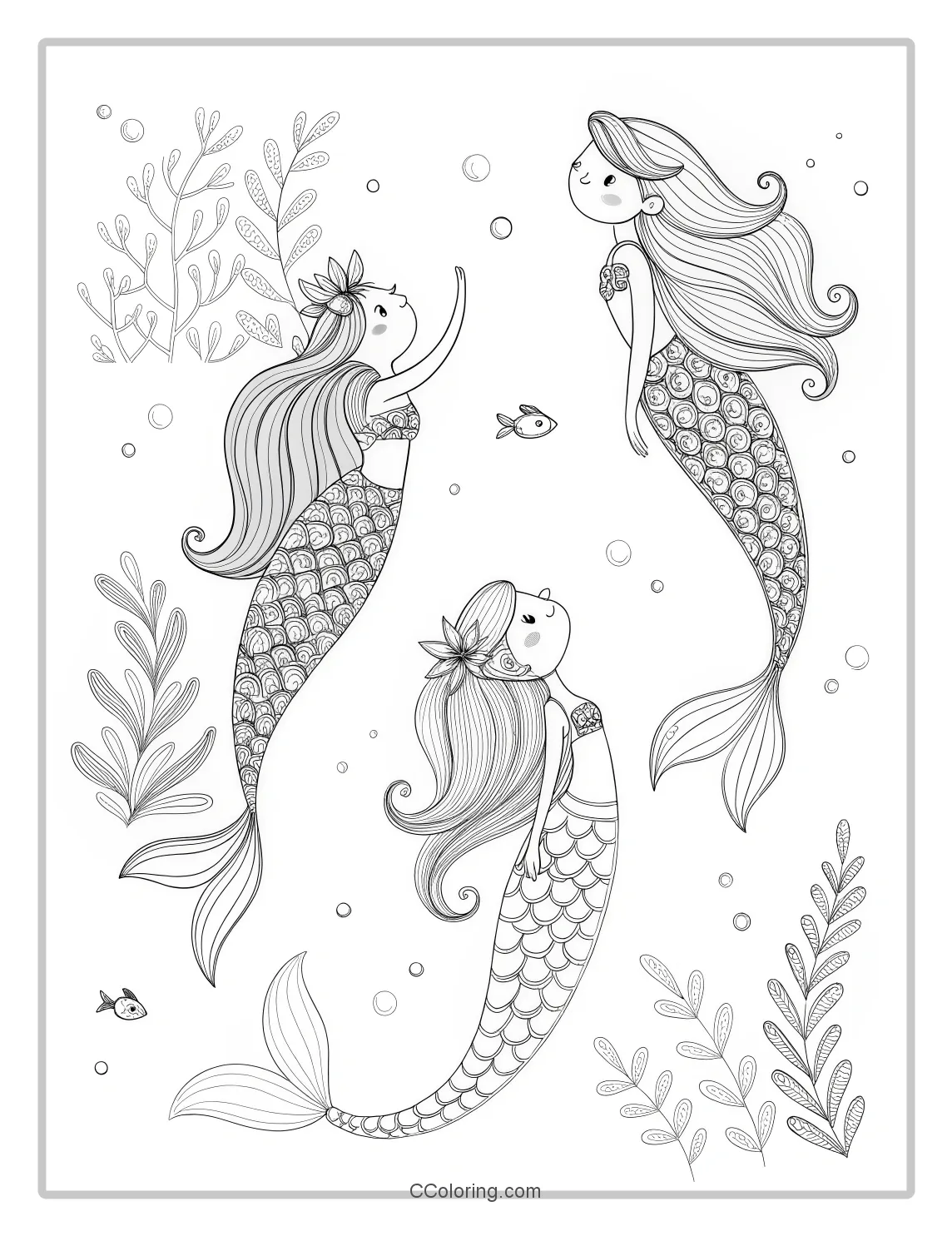 Mermaid Coloring Pages with Flowing Hair Elegant Tails