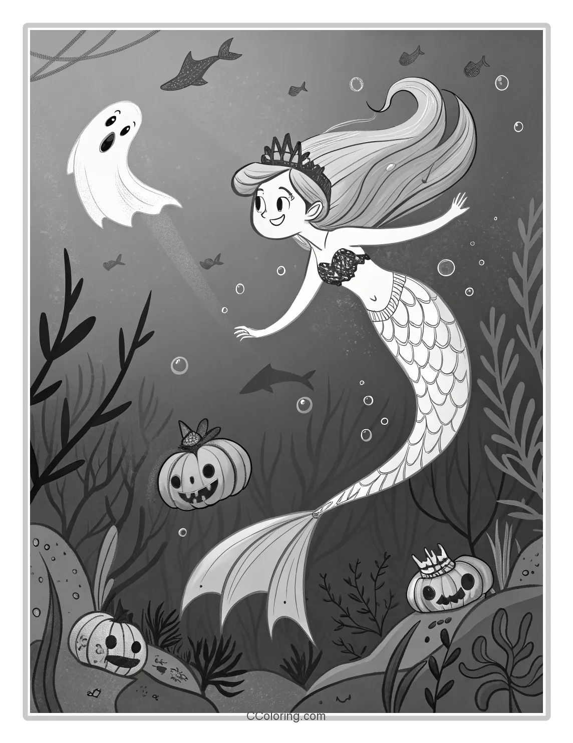 Mermaid Coloring Pages with Halloween Elements Spooky Fun