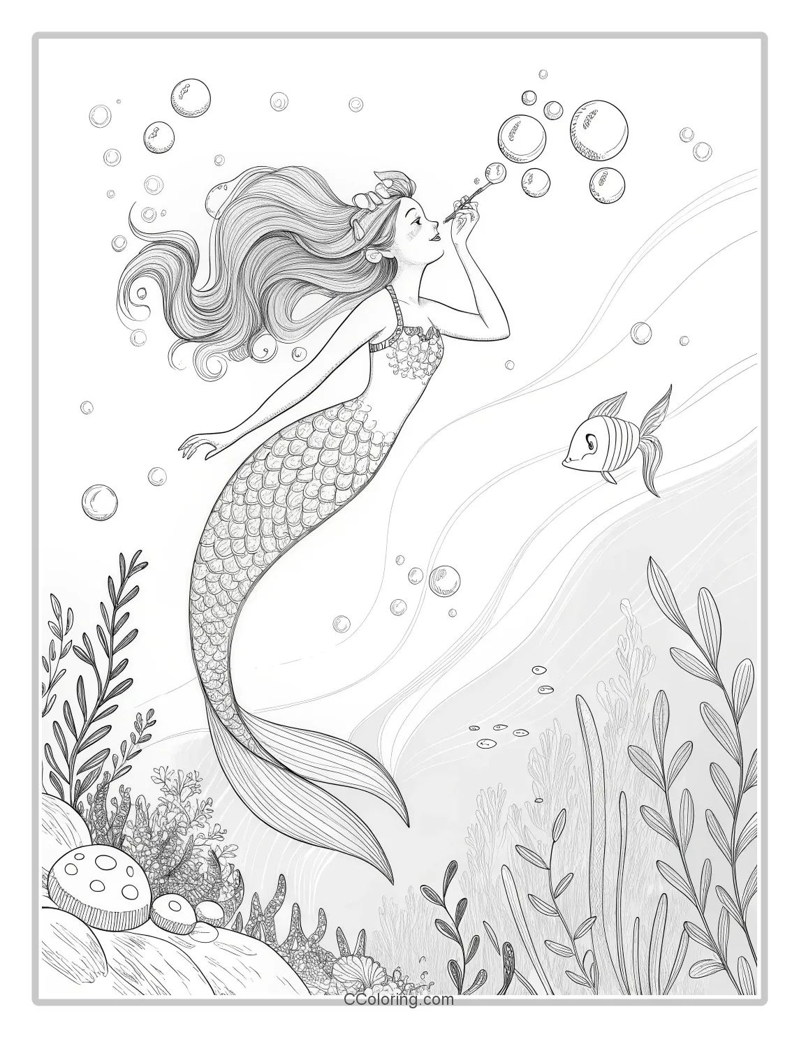 Mermaid Coloring Pages with Magical Bubbles Floating Seaweed