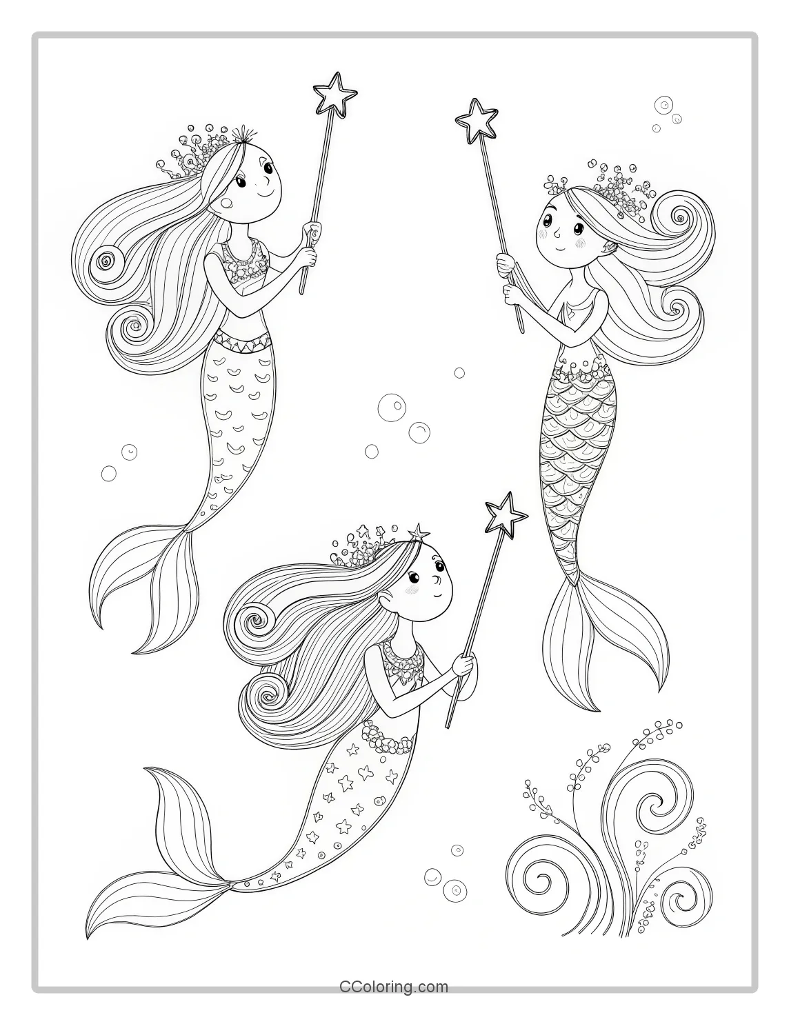 Mermaid Coloring Pages with Magical Wands