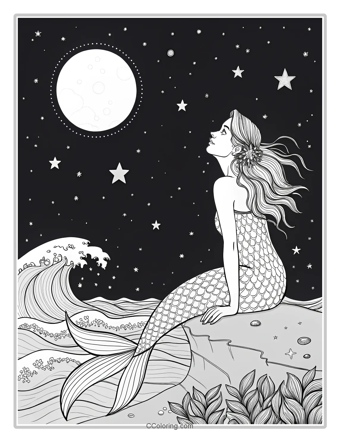 Mermaid Coloring Pages with Moon and Stars
