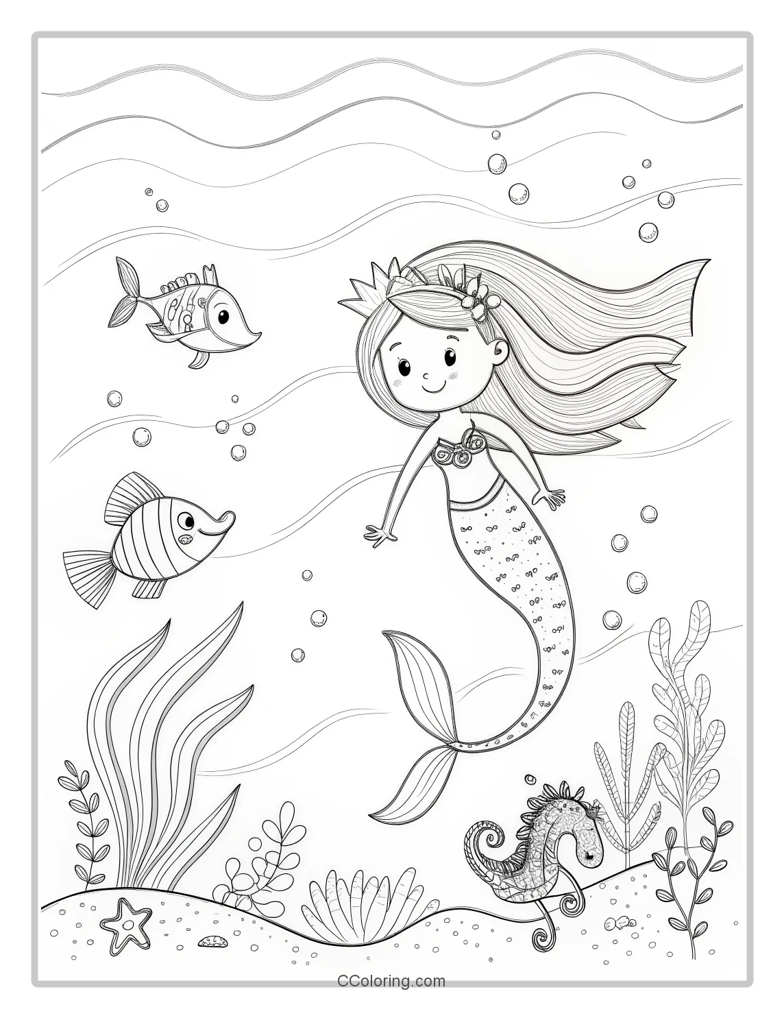 Mermaid Coloring Pages with Ocean Creatures